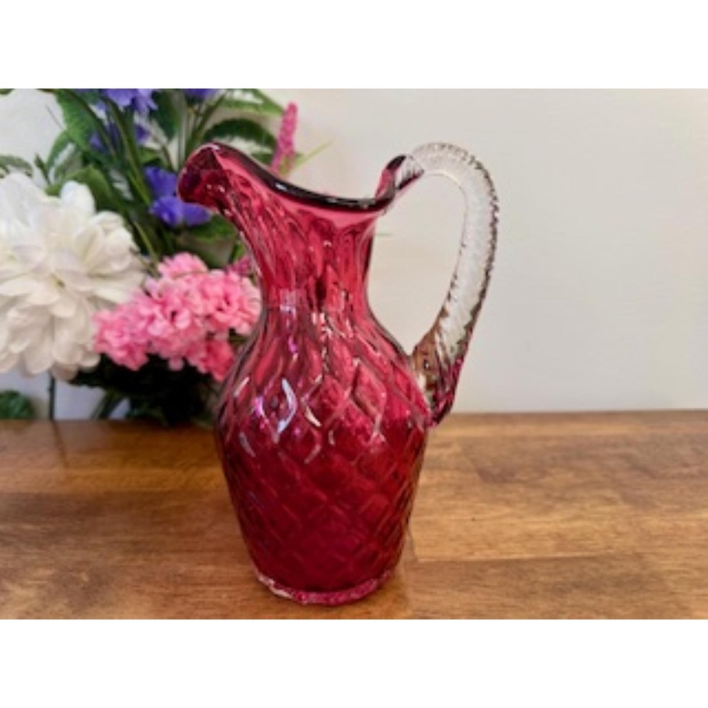 Vintage Cranberry Glass Pitcher Diamond Quilted Pattern Twisted Clear Handle